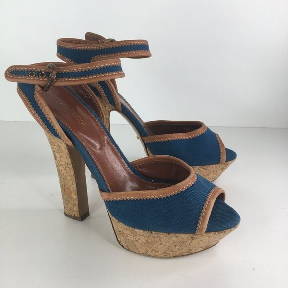 SERGIO ROSSI Blue/Brown Peep Toe Cork Platform Denim Sandal - Picture 1 of 8